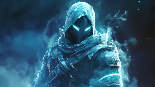 Frosty hooded warrior glowing in an icy blue storm.