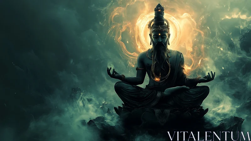 Meditative deity figure amid swirling luminous energy field.