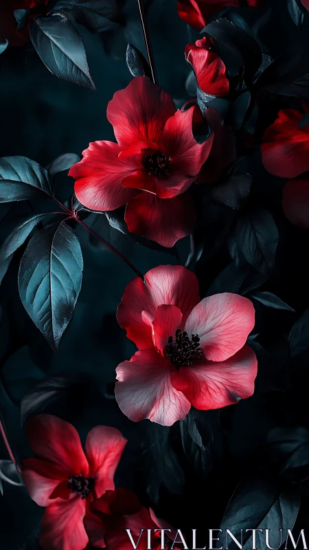Red Flowers Against Dark Foliage Background