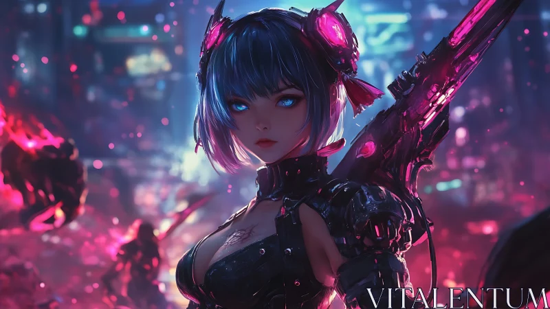 Cyberpunk sniper android under neon battlefield haze.