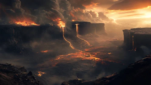 Volcanic canyon with molten lava rivers at sunset.