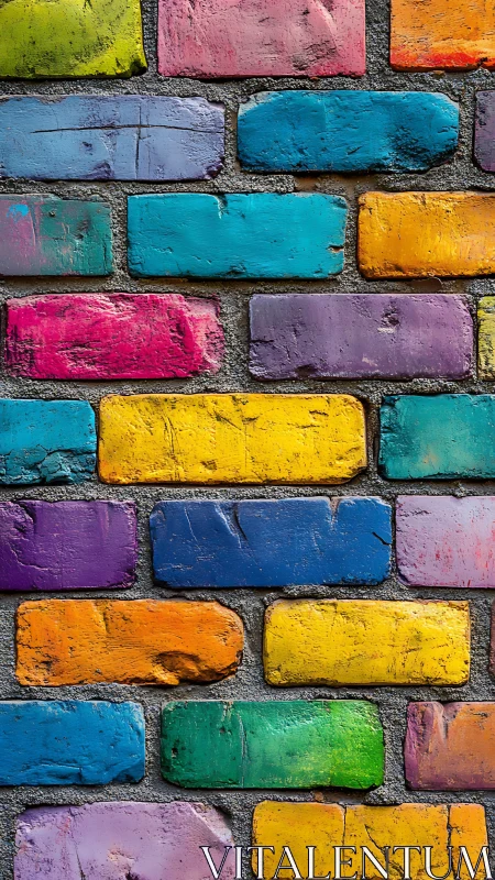 Vibrant painted brick wall shows textured multicolor pattern