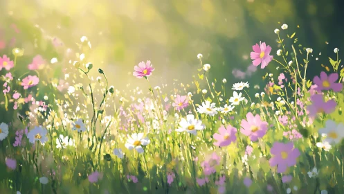Soft-Focus Cosmos and Wildflower Field Composition with Bokeh Rendering