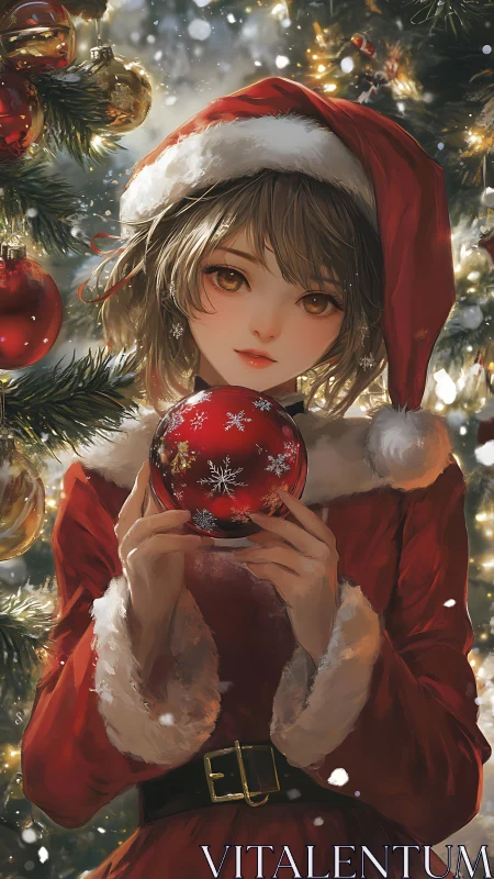 Gently glowing Christmas girl holding a red snowflake ornament.