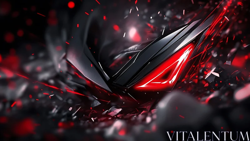 Angular metallic emblem with red luminescent core in shatterfield.