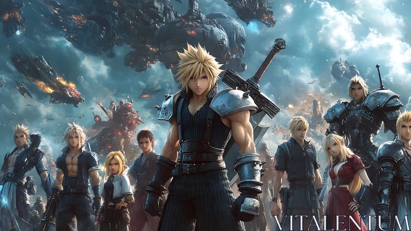 Armored anime warriors under burning airborne dreadnought fleet