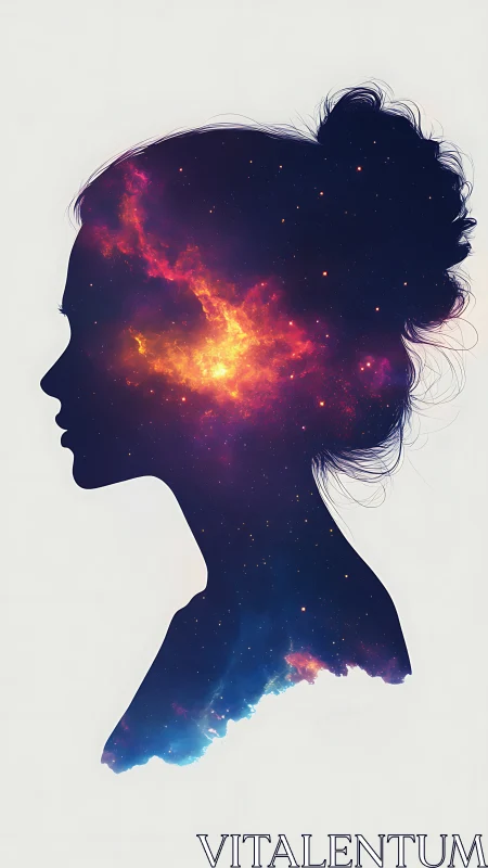 Cosmic nebula double exposure silhouettes female profile precisely