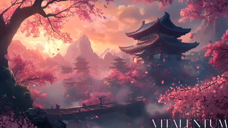 Blossom-drenched mountain temple dreaming in sunset mist.