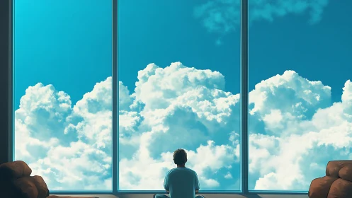 Skyroom dreamer framed by colossal drifting clouds.
