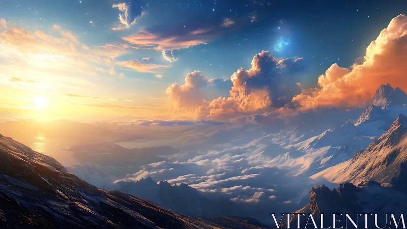 Celestial sunrise spills over snowcapped alien peaks.