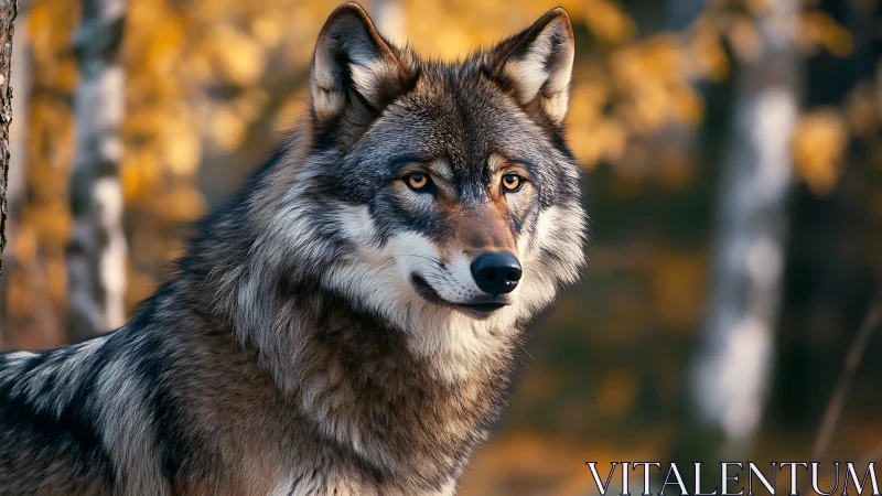 Grey wolf stands in sharp focus against blurred forest background