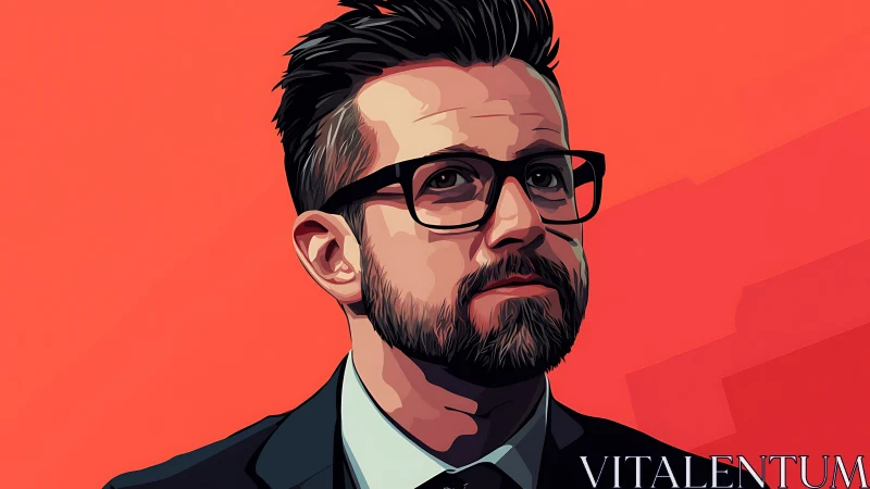 Bold portrait of a thoughtful man against vivid coral sky.