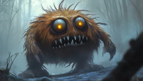 Fuzzy gloomstalker monster with glowing eyes in misty woods.
