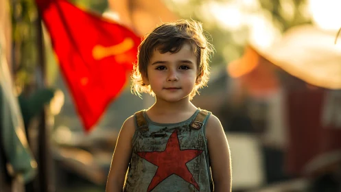 Young child in red star shirt positioned against blurred patriotic background with flag.