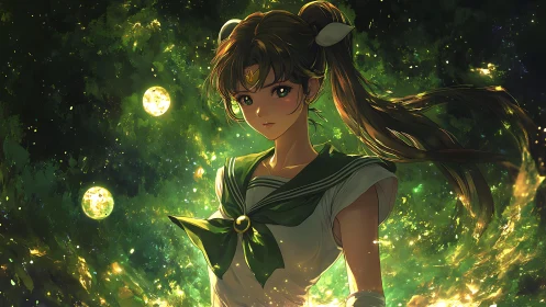 Girl in sailor uniform amid luminous green orbs at night.