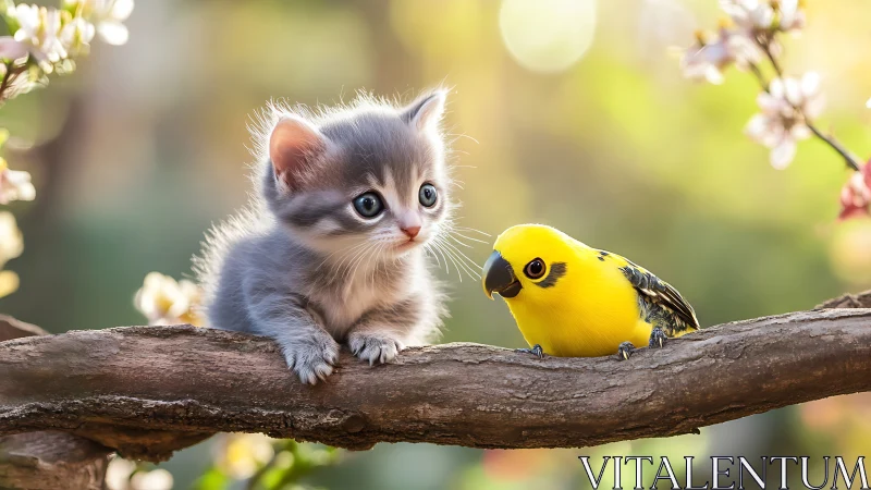 Curious kitten and bright yellow bird on a tree branch, springtime style.