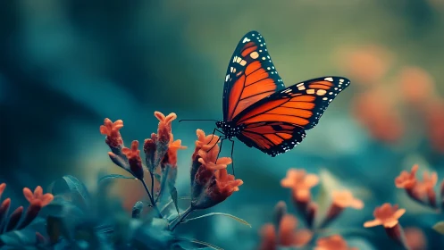 Monarch butterfly on orange flowers in shallow depth field.