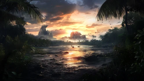 Sunlit jungle river with distant sci-fi ruins at dusk.