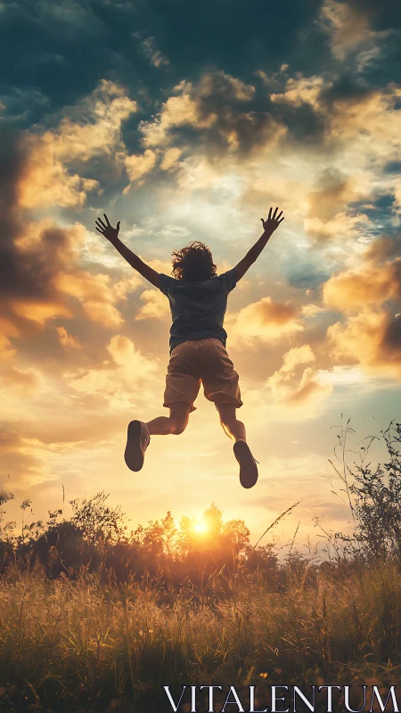 Joyful leap into a glowing summer sunset skyscape.