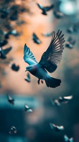 Graceful city pigeon gliding through soft evening light.