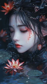 Female figure with closed eyes is partially submerged in water