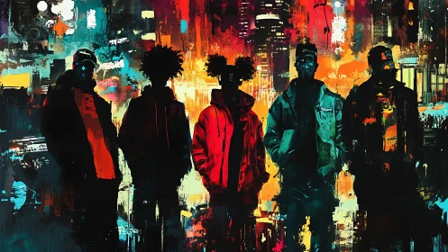 Silhouetted figures stand before a saturated urban nightscape
