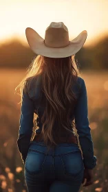 Cowgirl silhouette walks through golden sunset field.