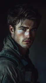 Thoughtful young soldier bathed in soft evening light.