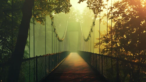 Suspension footbridge in golden forest haze at sunrise.