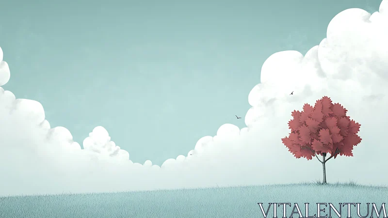 Minimalist landscape with red tree and fluffy clouds in pastel tones.