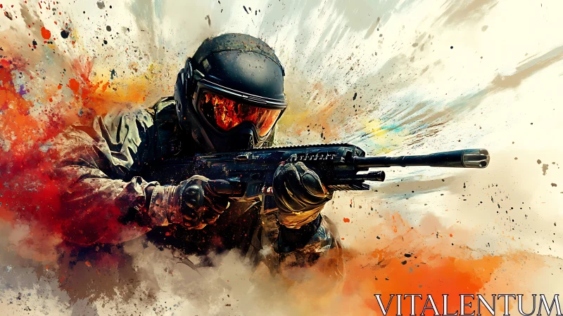 Armored soldier with rifle amid abstract color explosion.