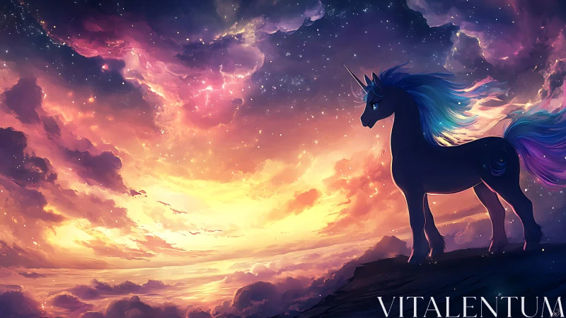 Starlit unicorn silhouette before blazing nebula sky.