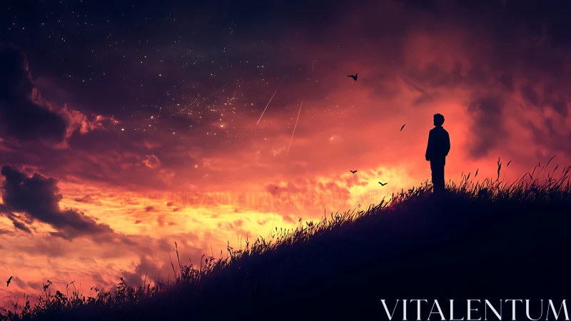 Silhouetted observer evaluates luminous sunset sky with meteor trails