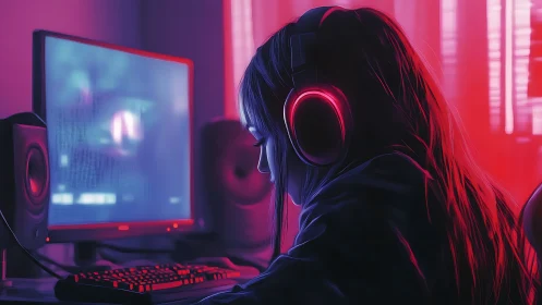 Neon-lit gamer focused at night in a cozy digital glow.