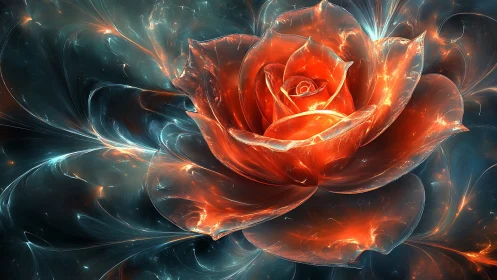 Glowing fractal rose with swirling blue and orange light.
