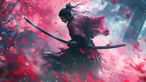 Samurai swordsman in dynamic sakura leaf vortex composition.