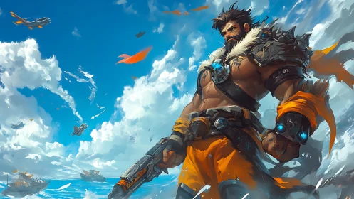 Skyborne gunner strides through clouds of blazing destiny.