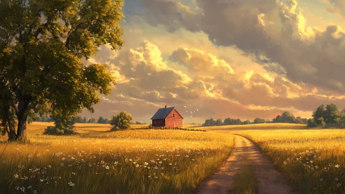 Golden farmland path leading toward distant red barn at dusk.