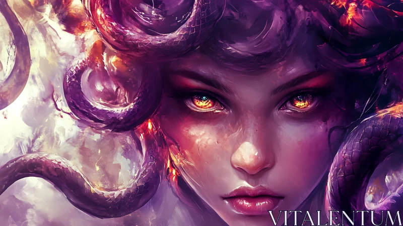 Serpents of starlit fire crown a gaze carved from storms