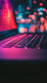 Laptop keyboard in neon bokeh light with cyberpunk glow.