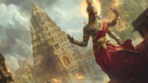 Divine warrior before towering temple in burning skies.