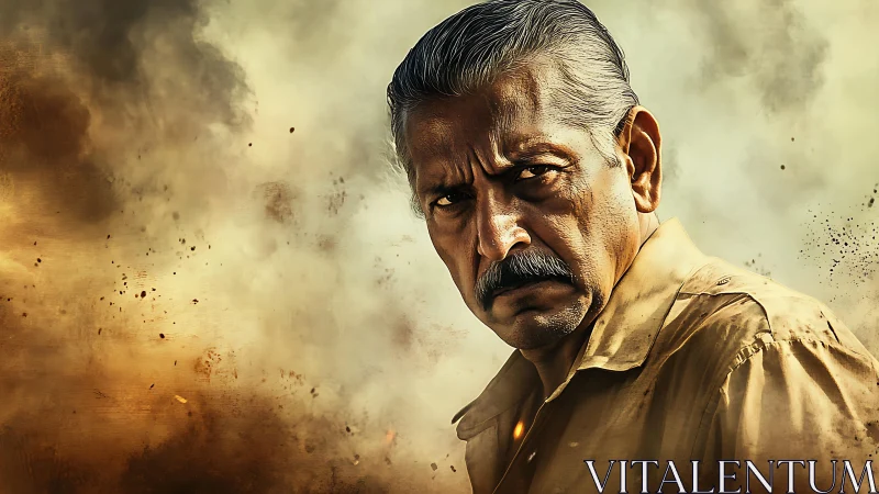 Weathered man’s intense stare in a storm of swirling dust.