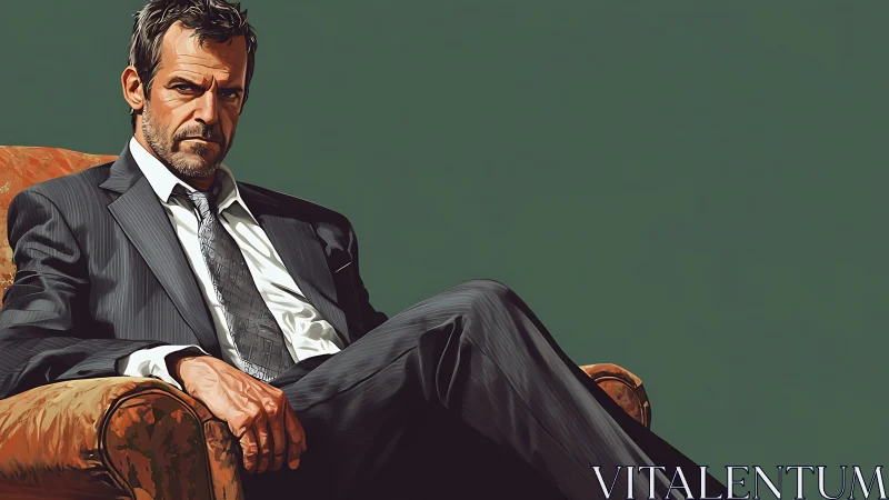 Middle-aged suited man in armchair, low-angle digital portrait