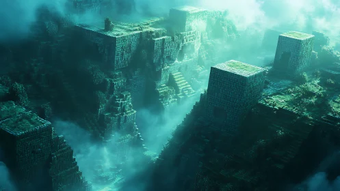 Volumetric-lit megastructure ruins in emerald atmospheric haze.