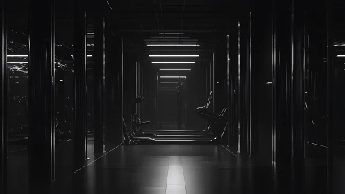 Futuristic black gym corridor with glowing ceiling lights.