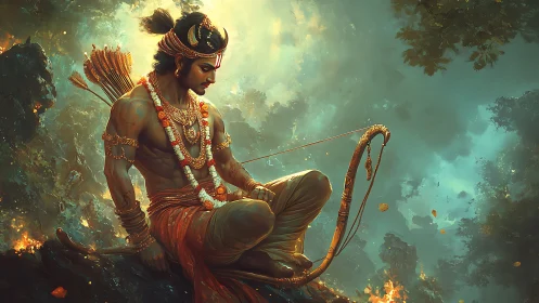 Epic warrior archer in mystical forest digital painting.