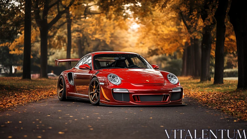 Red sports car is parked on a tree-lined autumn road