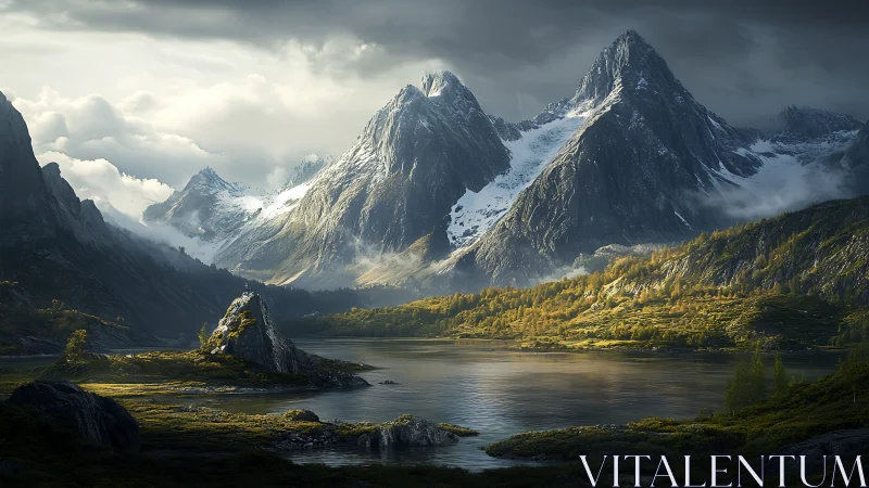 Mountain lake landscape shows sharp peaks and mixed lighting