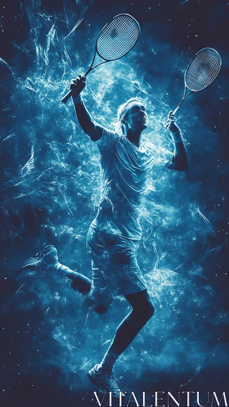 Electric blue badminton leap frozen in cosmic motion.
