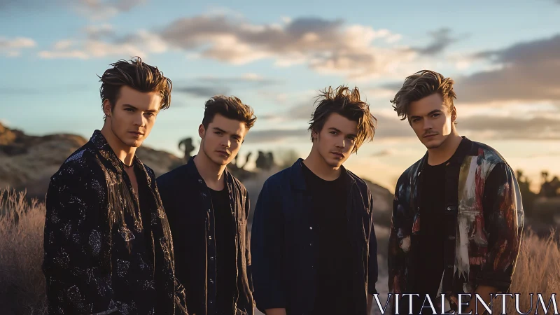 Stylish young men pose in golden-hour desert landscape.